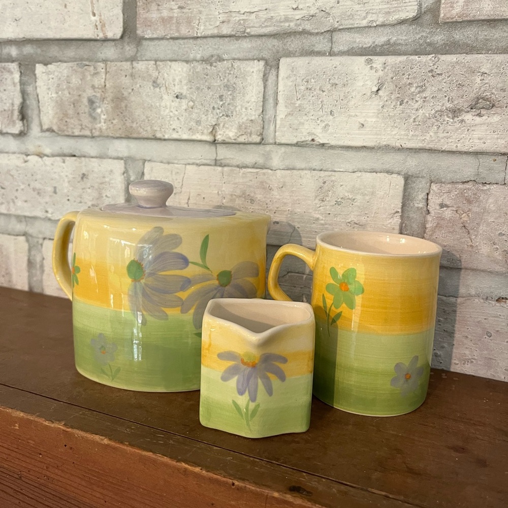 Vintage Herman‎ Dodge And Sons Curved Teapot, Mug & Creamer Yellow Floral Design
